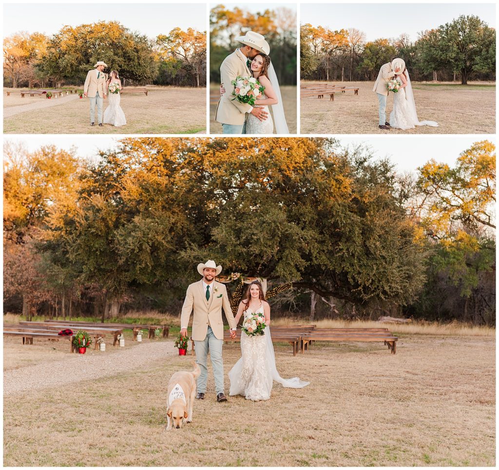 Sweet wedding portraits of bride and groom at Leatherberry Oaks ceremony area 