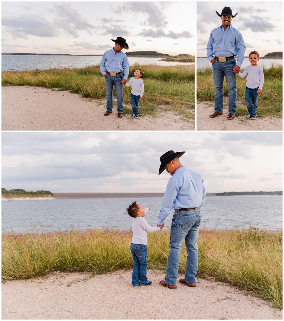 Father and son holding hands while at Stillhouse Hallow Lake in Belton Texas
